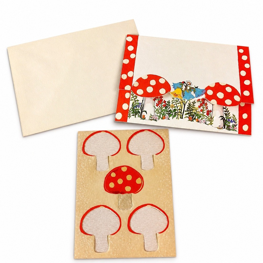 Vintage Mushroom Stationery Ephemera Hallmark 70s Bird Floral Card Seal